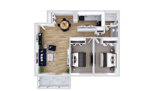Floor plan for 2 beds, 1 bath, 737 sqft
